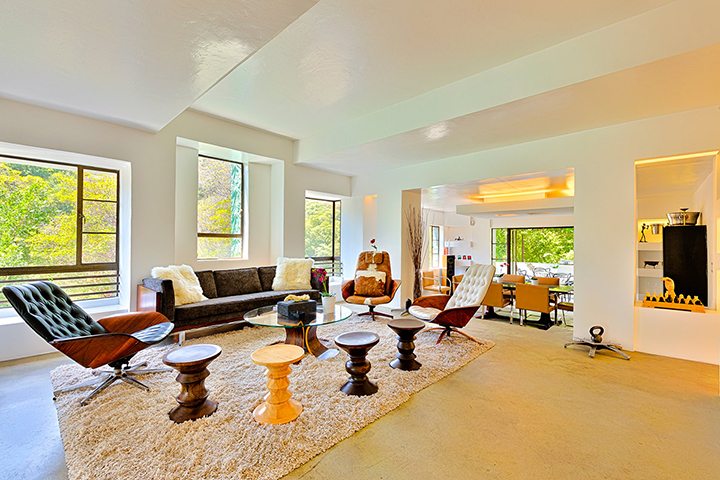 The living room of the Samuel Novarro Residence Lloyd Wright Los Feliz