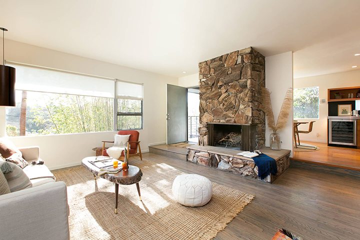 The living room and fireplace of Mid Century Modern Home in Echo Park