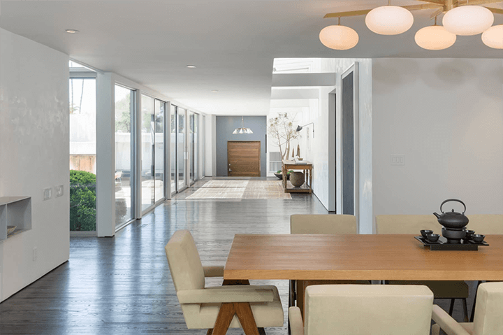 The dining area and sliding glass door