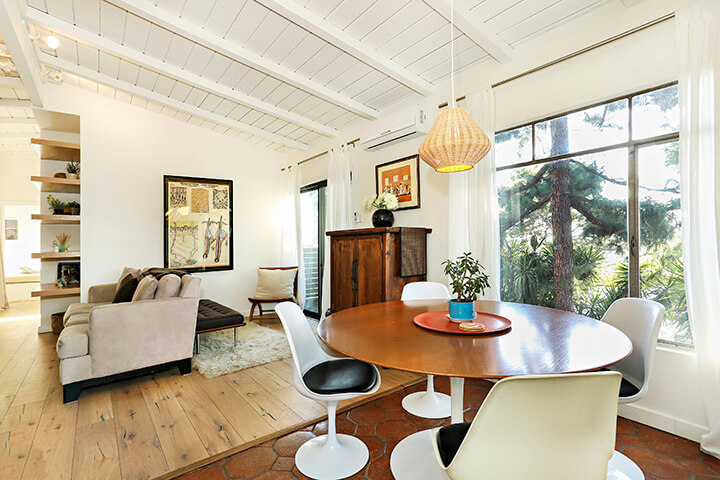 The dining and living room of the Mid-Century Modern in Hollywood Dell