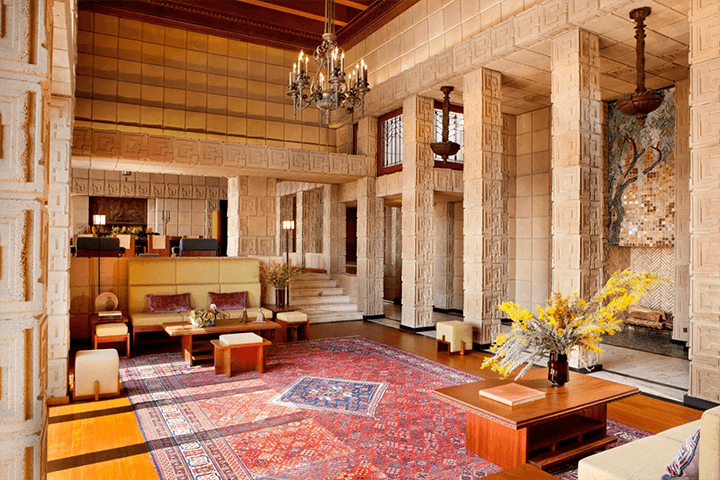 The living room of Ennis House by Frank Lloyd Wright