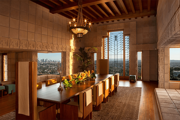 The dining room and lamp of Ennis House by Frank Lloyd Wright