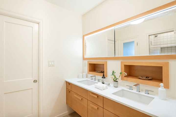 Bathroom basin and wooden cabinet, mirror