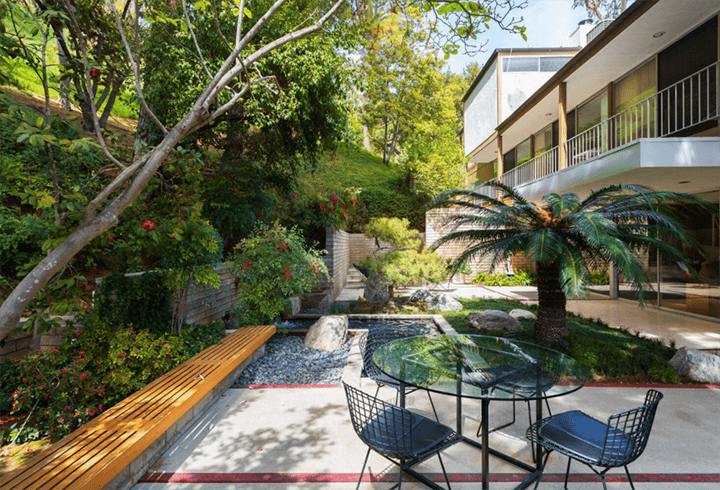 The backyard sitting place of the midcentury home