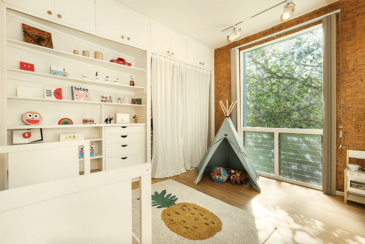 Play tent and wooden shelf