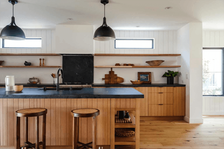 The kitchen and stools of the modern farmhouse in Leimert Park