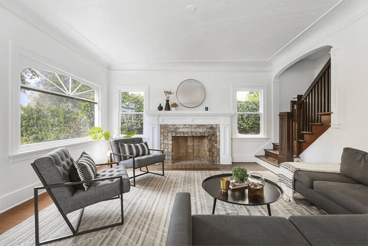 The living room of the Revival-style residence in West Adams