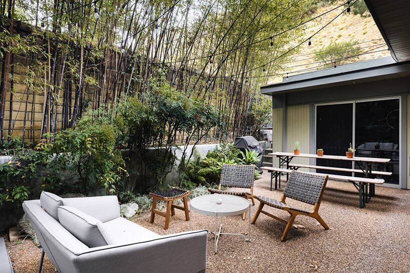 Backyard of mid-century by Nichols Canyon with Japanese bamboo